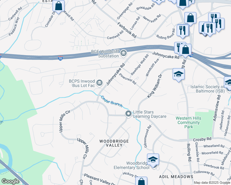 map of restaurants, bars, coffee shops, grocery stores, and more near 11 Forest Rock Court in Catonsville