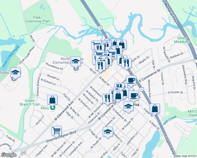 map of restaurants, bars, coffee shops, grocery stores, and more near 17 West Glenwood Avenue in Smyrna