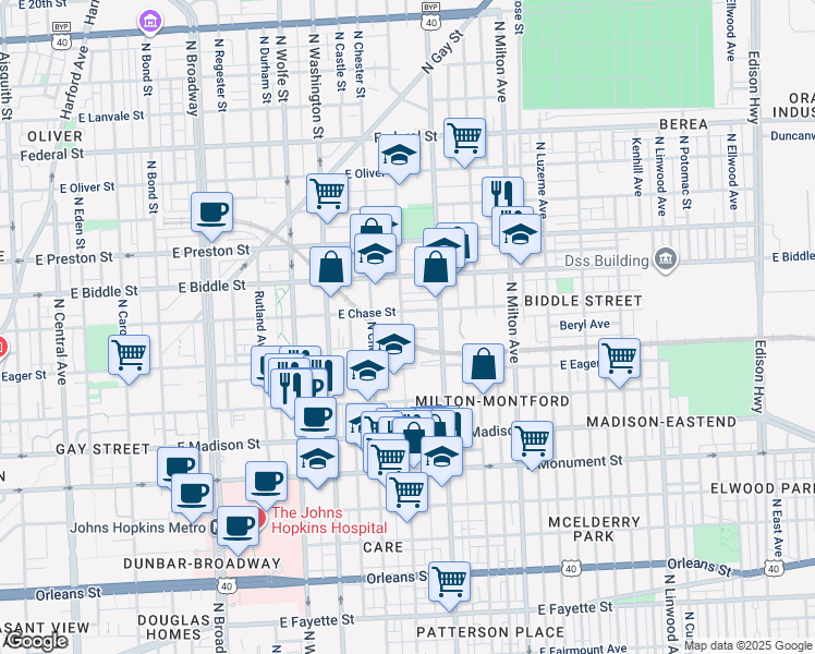 map of restaurants, bars, coffee shops, grocery stores, and more near 2202 Prentiss Place in Baltimore