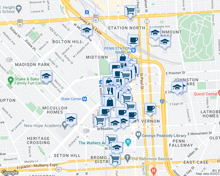 map of restaurants, bars, coffee shops, grocery stores, and more near 1010 Park Avenue in Baltimore