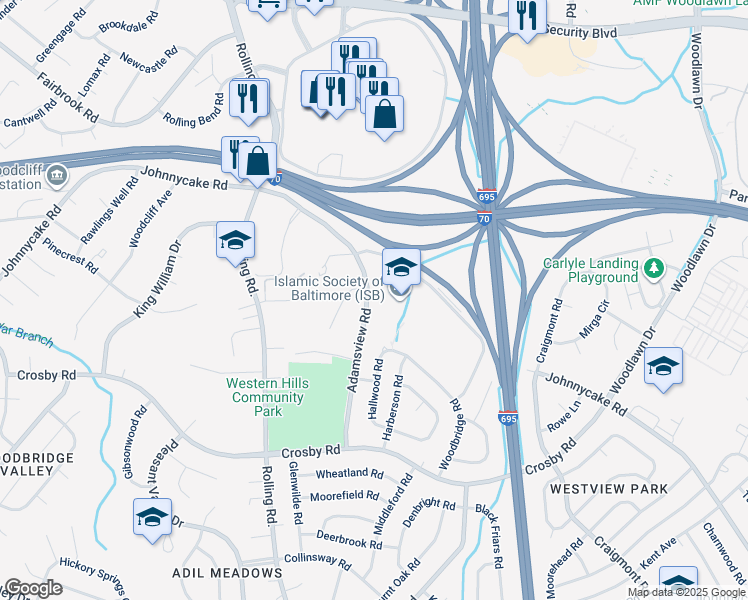 map of restaurants, bars, coffee shops, grocery stores, and more near 1513 Adamsview Road in Catonsville