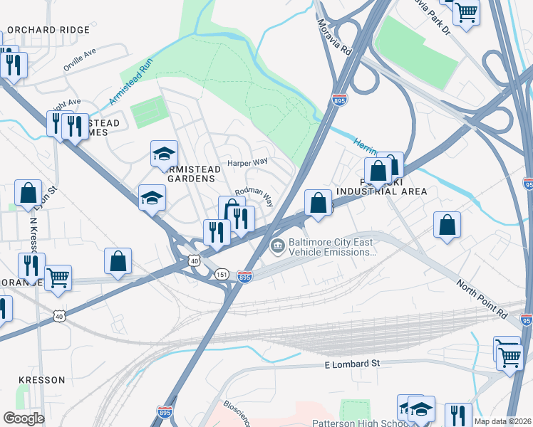 map of restaurants, bars, coffee shops, grocery stores, and more near 911 Armistead Way in Baltimore