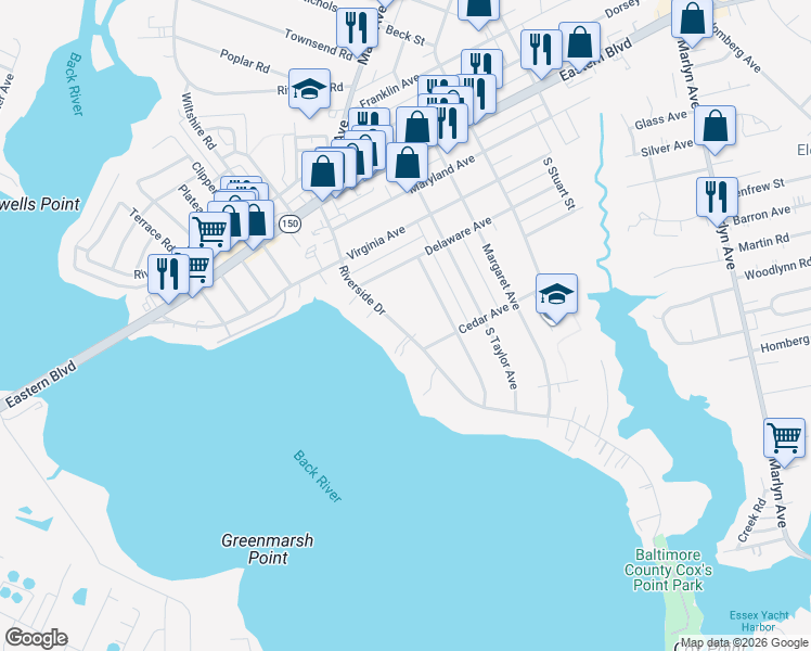 map of restaurants, bars, coffee shops, grocery stores, and more near 323 Riverside Drive in Essex