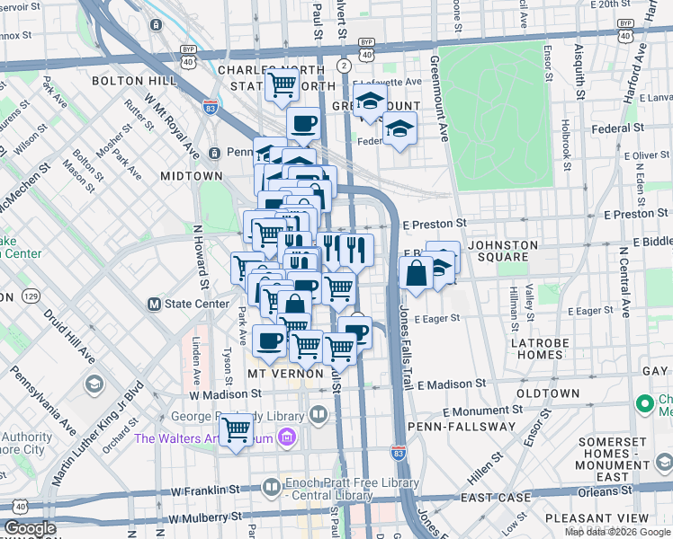 map of restaurants, bars, coffee shops, grocery stores, and more near 1117 Saint Paul Street in Baltimore
