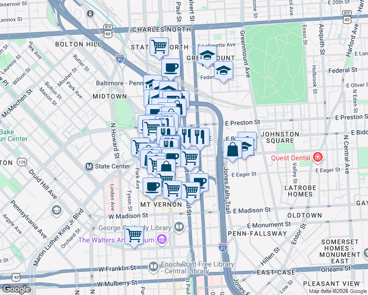 map of restaurants, bars, coffee shops, grocery stores, and more near 1114 St Paul St in Baltimore