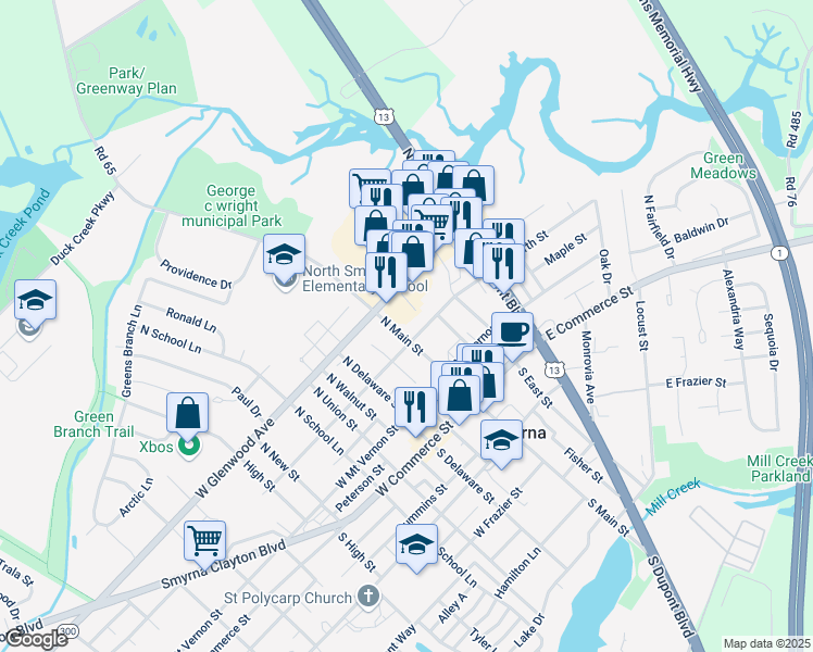 map of restaurants, bars, coffee shops, grocery stores, and more near 210 North Main Street in Smyrna