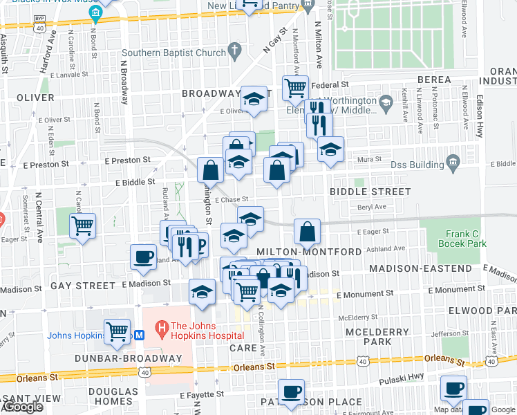 map of restaurants, bars, coffee shops, grocery stores, and more near 2202 Prentiss Place in Baltimore