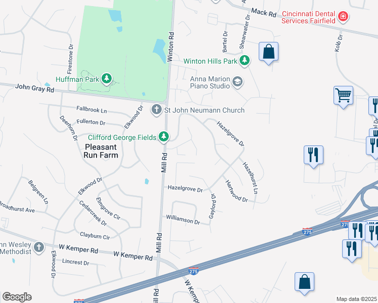 map of restaurants, bars, coffee shops, grocery stores, and more near 1578 Pleasant Run Drive in Cincinnati
