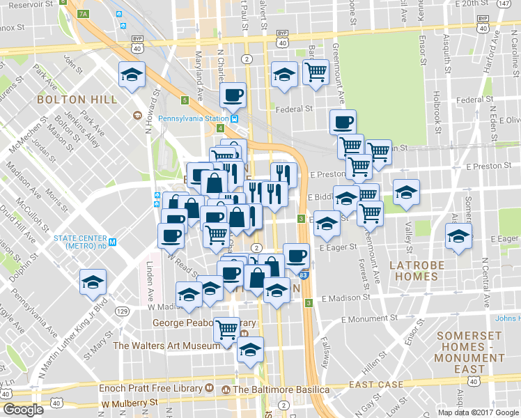 map of restaurants, bars, coffee shops, grocery stores, and more near 1119 Saint Paul Street in Baltimore