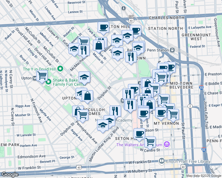 map of restaurants, bars, coffee shops, grocery stores, and more near 313 Dolphin Street in Baltimore