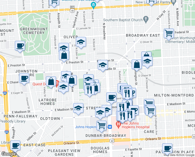 map of restaurants, bars, coffee shops, grocery stores, and more near 101 Independence Avenue Southeast in Washington