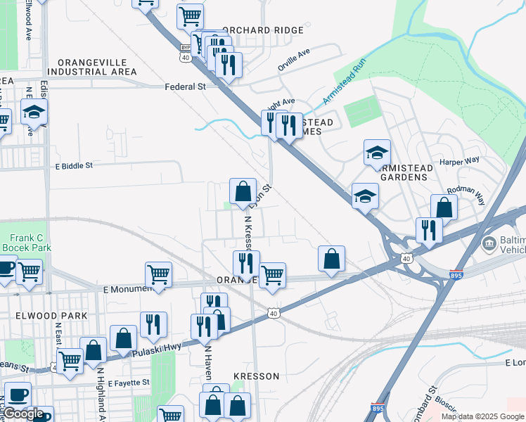 map of restaurants, bars, coffee shops, grocery stores, and more near 1001 North Lehigh Street in Baltimore
