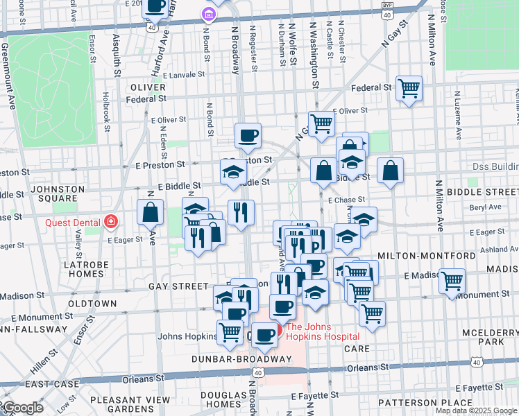 map of restaurants, bars, coffee shops, grocery stores, and more near 1711 East Chase Street in Baltimore