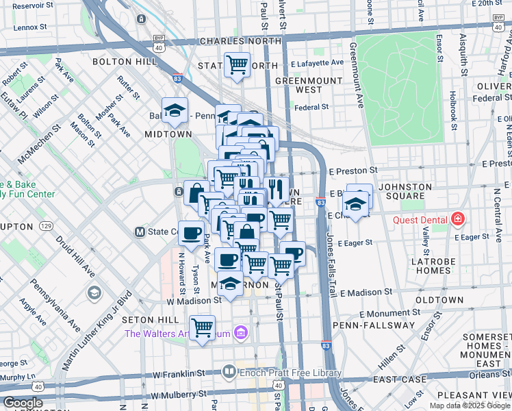 map of restaurants, bars, coffee shops, grocery stores, and more near 1125 North Charles Street in Baltimore