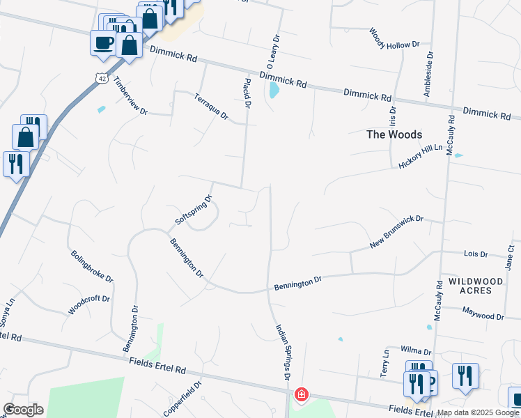 map of restaurants, bars, coffee shops, grocery stores, and more near 7703 Indian Pond Court in Butler County