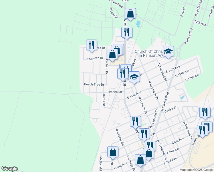 map of restaurants, bars, coffee shops, grocery stores, and more near 186 Peach Tree Drive in Ranson