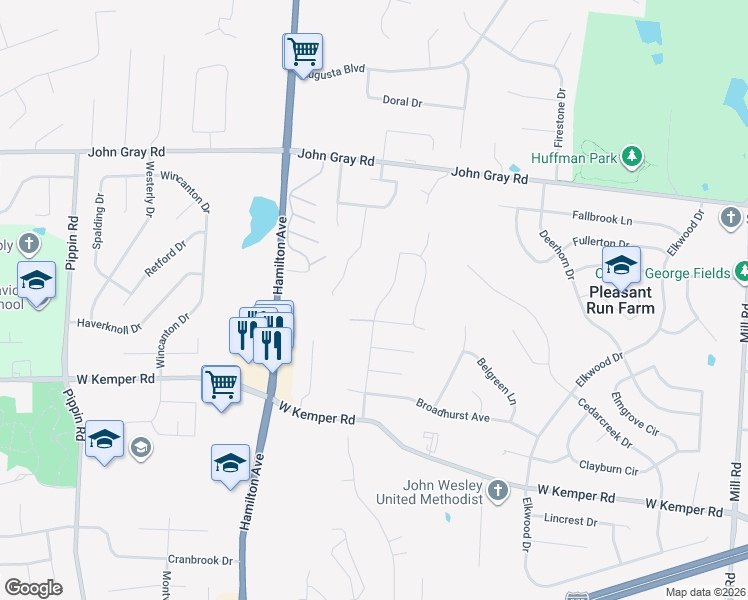map of restaurants, bars, coffee shops, grocery stores, and more near 12017 Brookway Drive in Cincinnati