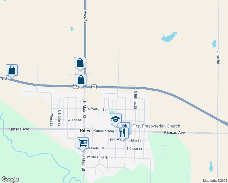 map of restaurants, bars, coffee shops, grocery stores, and more near 327 North Broadway Street in Riley