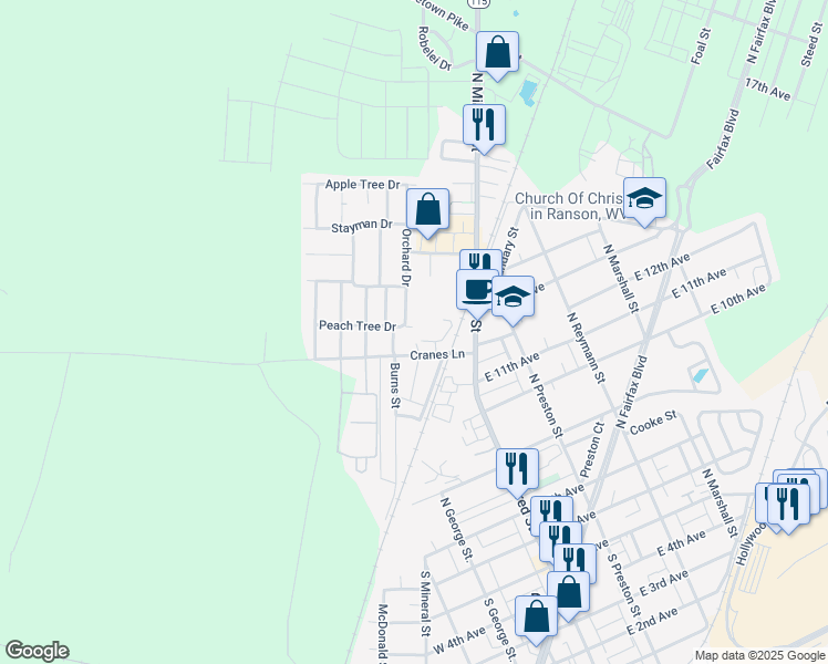 map of restaurants, bars, coffee shops, grocery stores, and more near 200 Peach Tree Drive in Ranson