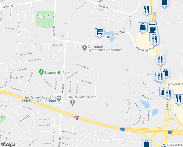 map of restaurants, bars, coffee shops, grocery stores, and more near 678 Yorkhaven Road in Cincinnati