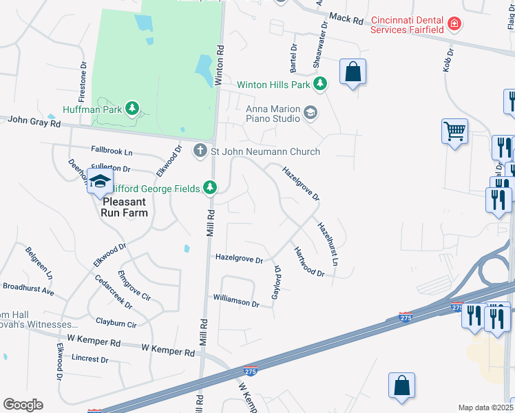 map of restaurants, bars, coffee shops, grocery stores, and more near 1570 Pleasant Run Drive in Cincinnati
