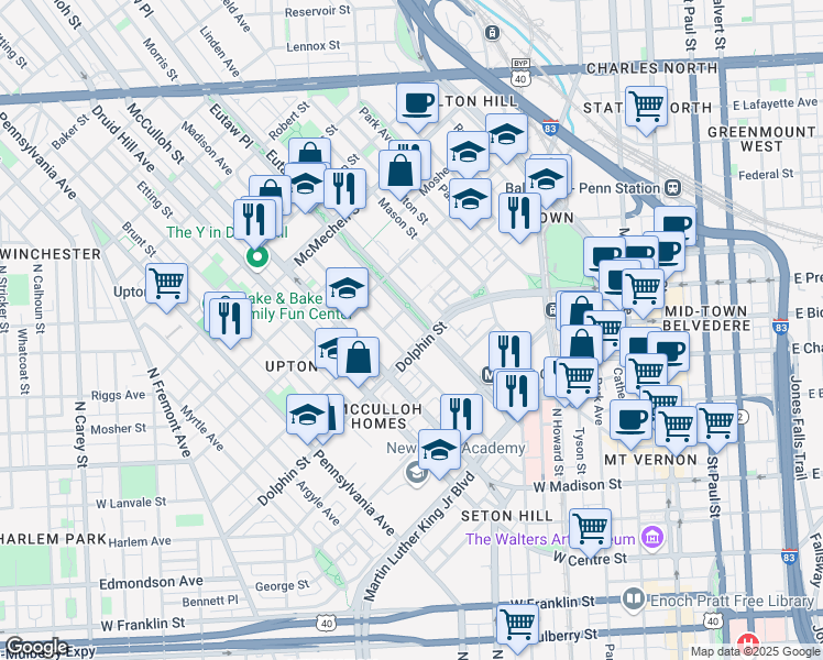 map of restaurants, bars, coffee shops, grocery stores, and more near 1204 Eutaw Place in Baltimore