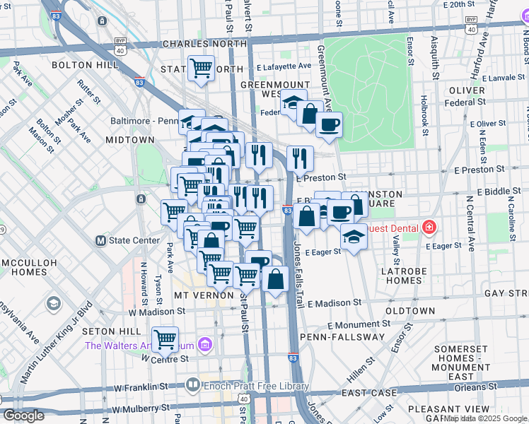 map of restaurants, bars, coffee shops, grocery stores, and more near 1121 North Calvert Street in Baltimore