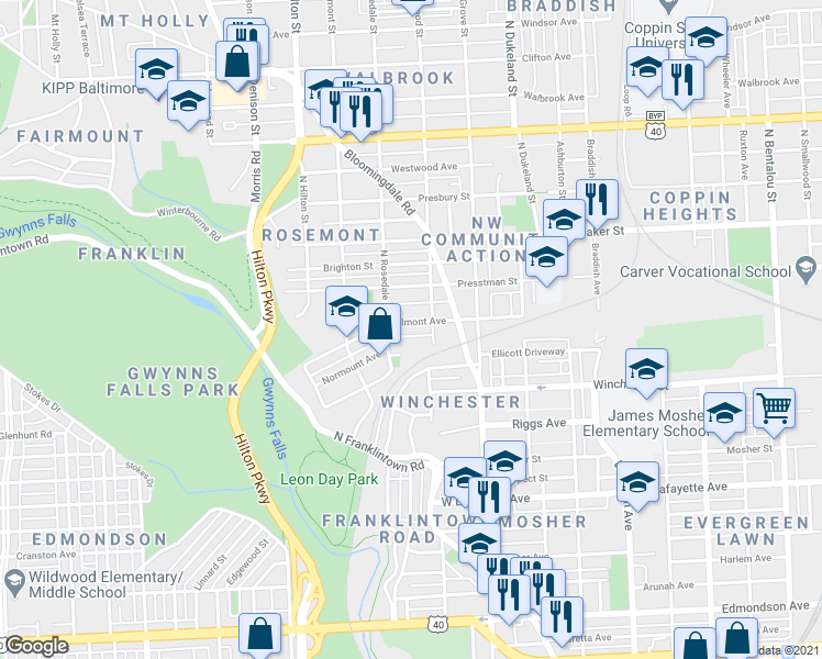 map of restaurants, bars, coffee shops, grocery stores, and more near 3023 Belmont Avenue in Baltimore