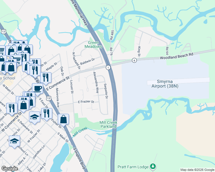 map of restaurants, bars, coffee shops, grocery stores, and more near 464 Sequoia Drive in Smyrna