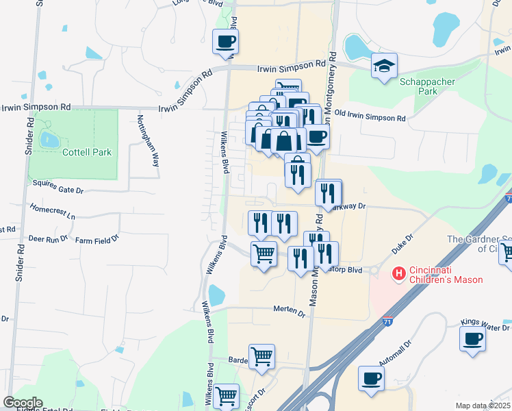 map of restaurants, bars, coffee shops, grocery stores, and more near 5348 Parkway Drive in Mason