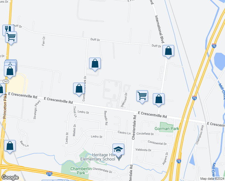map of restaurants, bars, coffee shops, grocery stores, and more near 20 Princeton Square Circle in Butler County