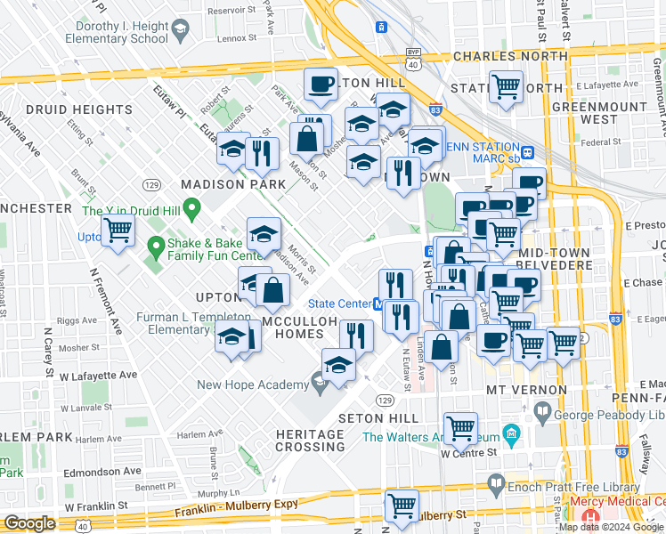map of restaurants, bars, coffee shops, grocery stores, and more near Dolphin St & N Eutaw St in Baltimore