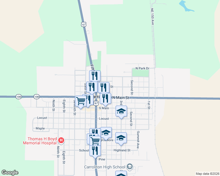 map of restaurants, bars, coffee shops, grocery stores, and more near 335-365 Church St in Carrollton