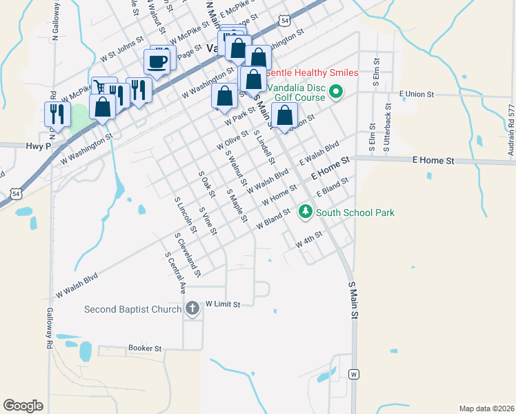 map of restaurants, bars, coffee shops, grocery stores, and more near 800 South Walnut Street in Vandalia
