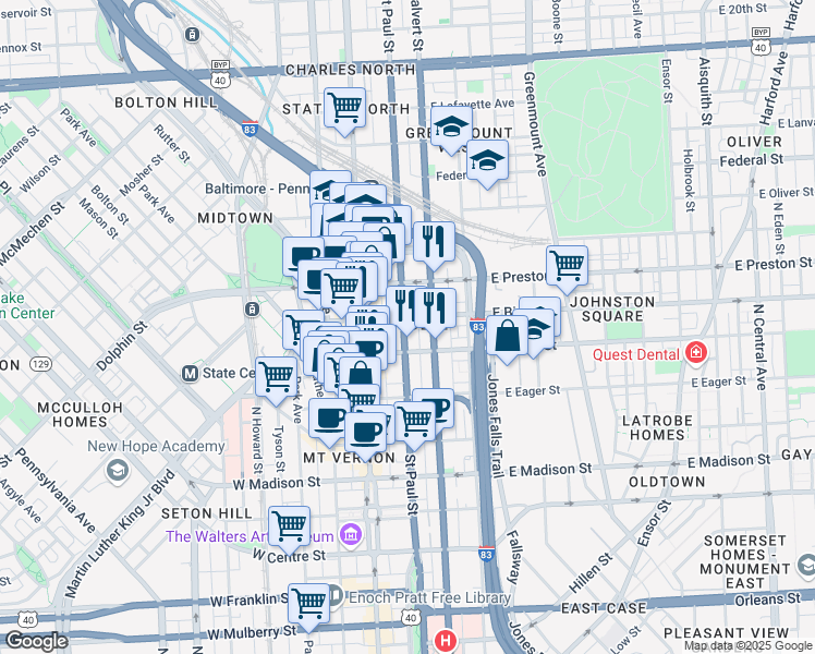 map of restaurants, bars, coffee shops, grocery stores, and more near 1123 Saint Paul Street in Baltimore