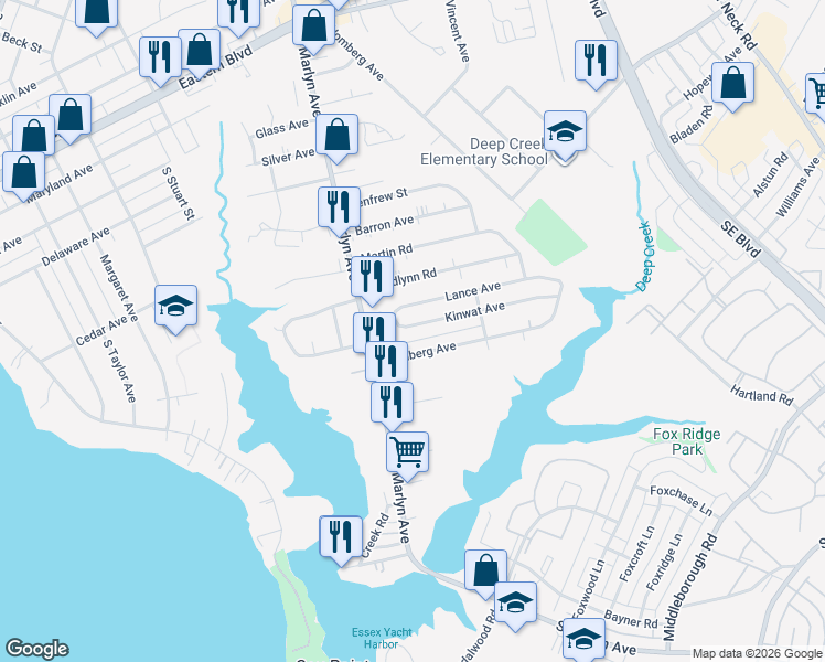 map of restaurants, bars, coffee shops, grocery stores, and more near 913 Kinwat Avenue in Essex