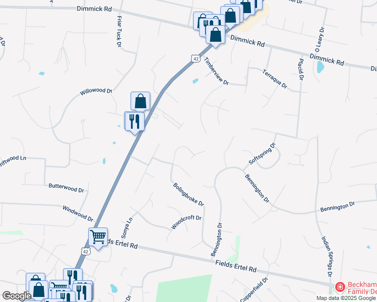 map of restaurants, bars, coffee shops, grocery stores, and more near 9868 Bolingbroke Drive in Butler County