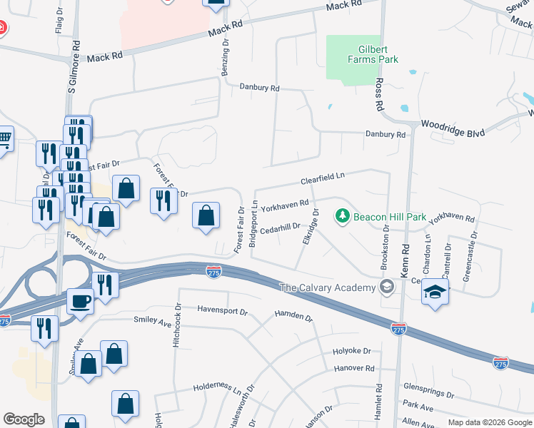 map of restaurants, bars, coffee shops, grocery stores, and more near 905 Yorkhaven Road in Cincinnati