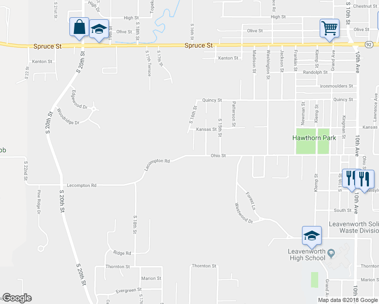 map of restaurants, bars, coffee shops, grocery stores, and more near 1430 South 16th Street in Leavenworth