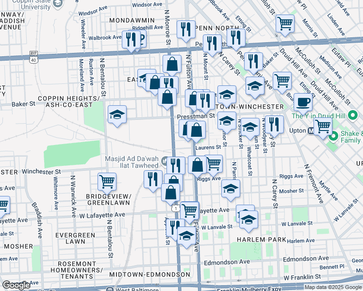 map of restaurants, bars, coffee shops, grocery stores, and more near 1818 Laurens Street in Baltimore
