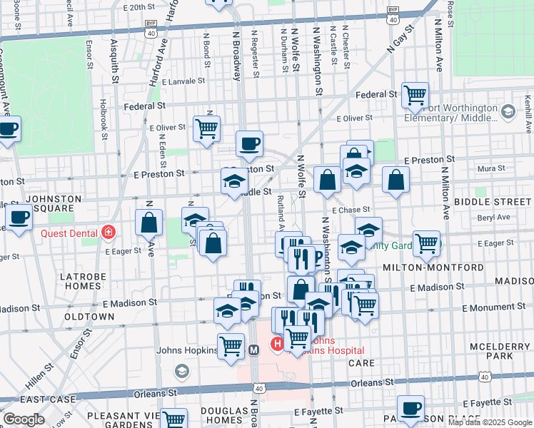 map of restaurants, bars, coffee shops, grocery stores, and more near 1731 East Chase Street in Baltimore