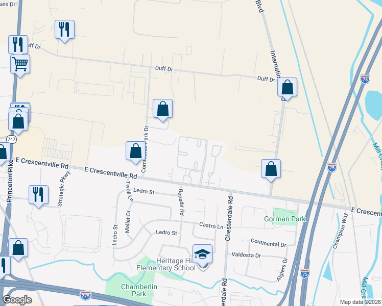 map of restaurants, bars, coffee shops, grocery stores, and more near 1100 Princeton Square Circle in Butler County