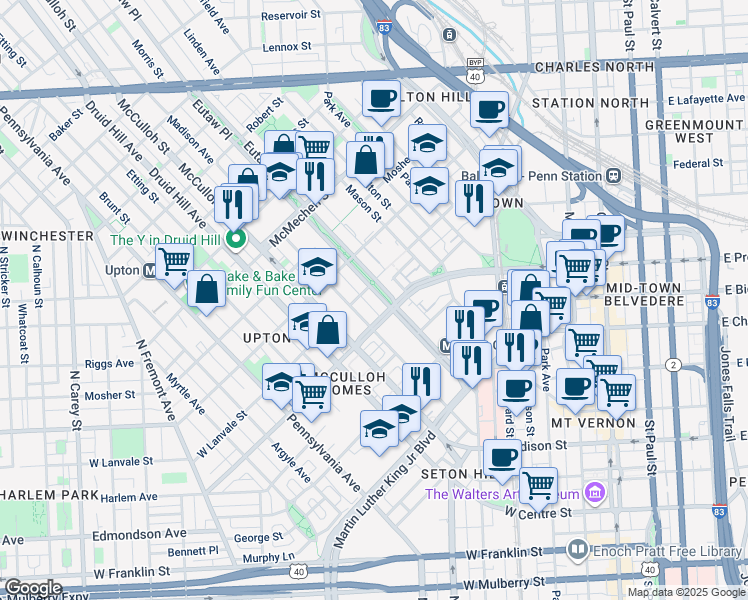 map of restaurants, bars, coffee shops, grocery stores, and more near 1208 Eutaw Place in Baltimore
