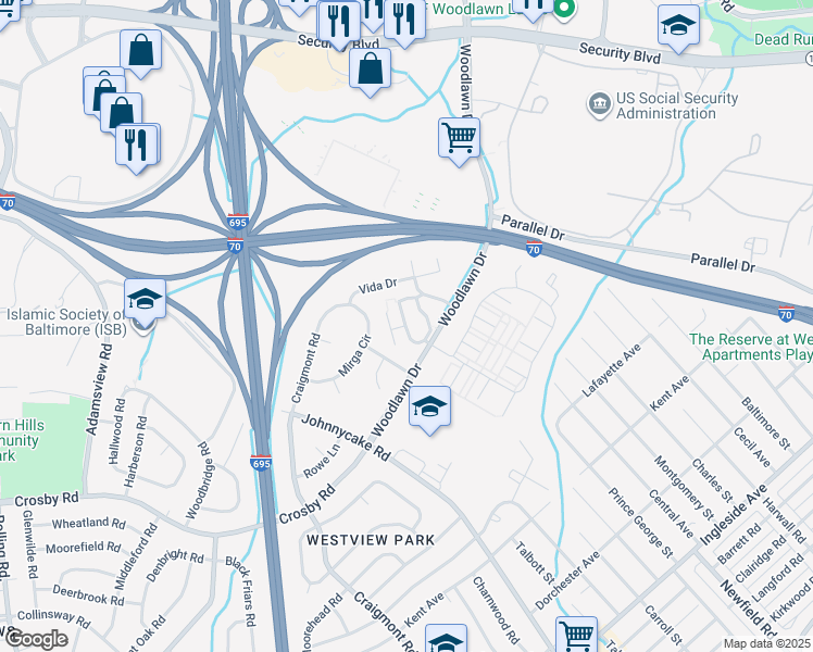 map of restaurants, bars, coffee shops, grocery stores, and more near Monika Place in Woodlawn