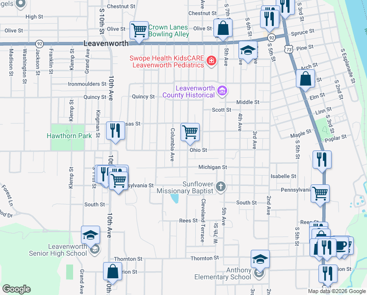 map of restaurants, bars, coffee shops, grocery stores, and more near 1436 South Broadway Street in Leavenworth