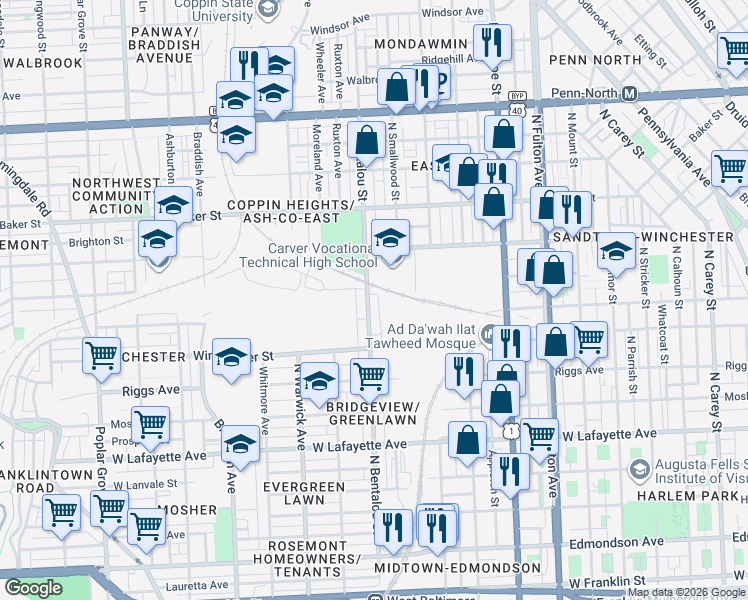 map of restaurants, bars, coffee shops, grocery stores, and more near 1249 North Bentalou Street in Baltimore