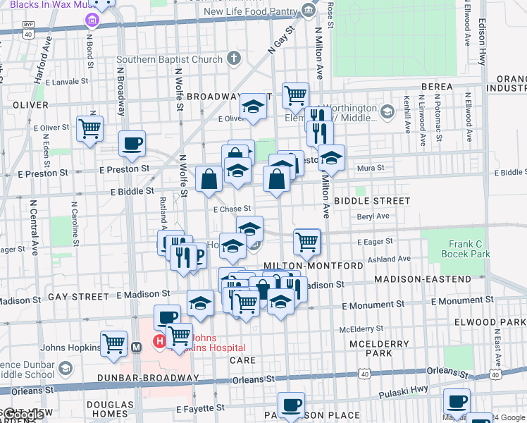 map of restaurants, bars, coffee shops, grocery stores, and more near 2217 East Chase Street in Baltimore