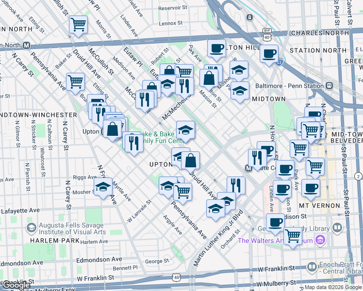 map of restaurants, bars, coffee shops, grocery stores, and more near McCulloh Street in Baltimore