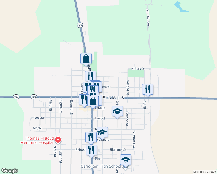 map of restaurants, bars, coffee shops, grocery stores, and more near 365 Church St in Carrollton