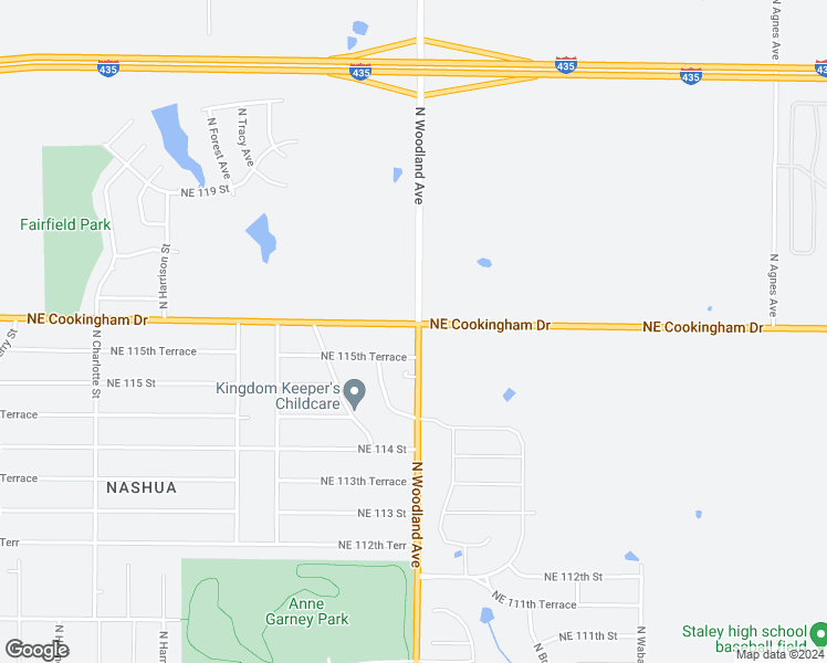 map of restaurants, bars, coffee shops, grocery stores, and more near 11536 North Woodland Avenue in Kansas City